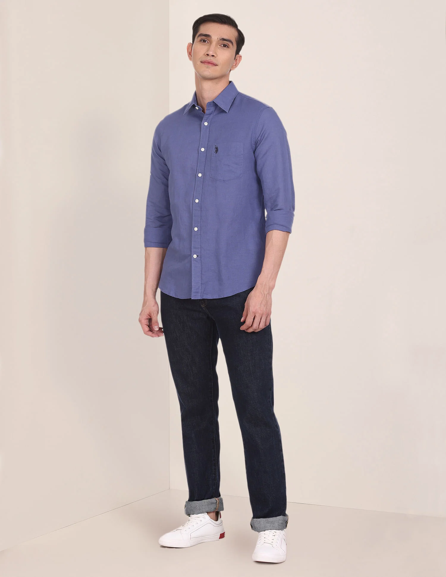 Spread Collar Solid Casual Shirt - Image 3