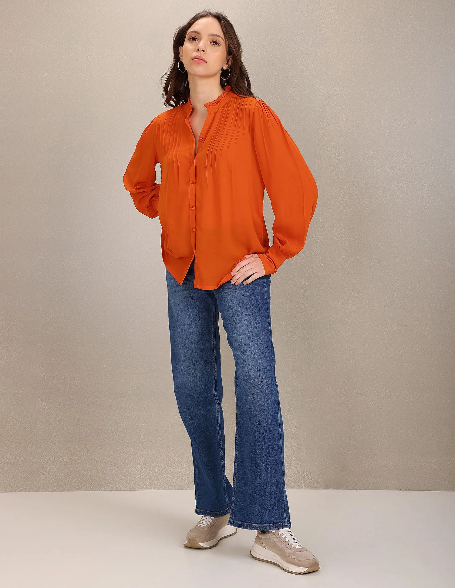 Stand Collar Pleated Solid Top - Image 3