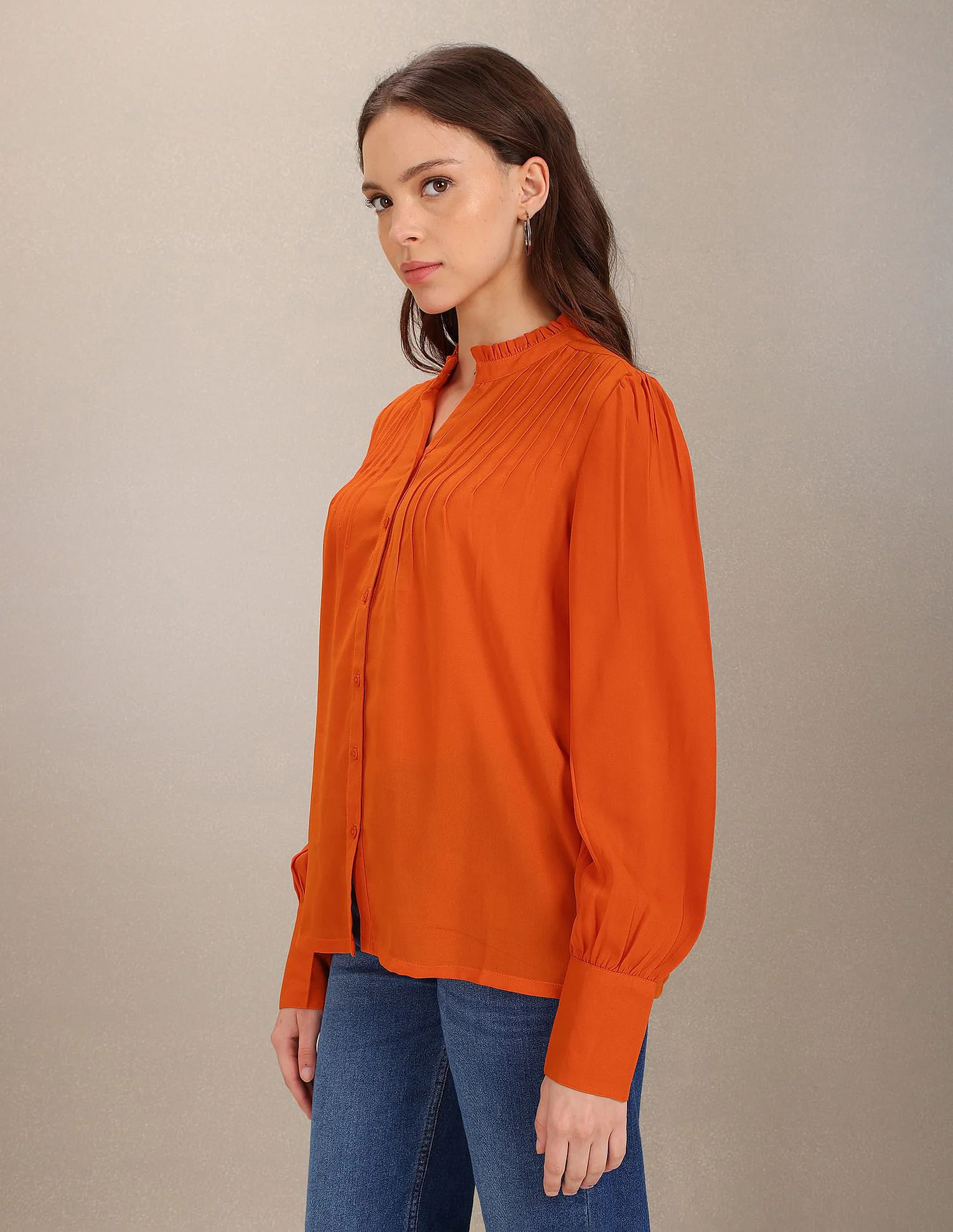 Stand Collar Pleated Solid Top - Image 4