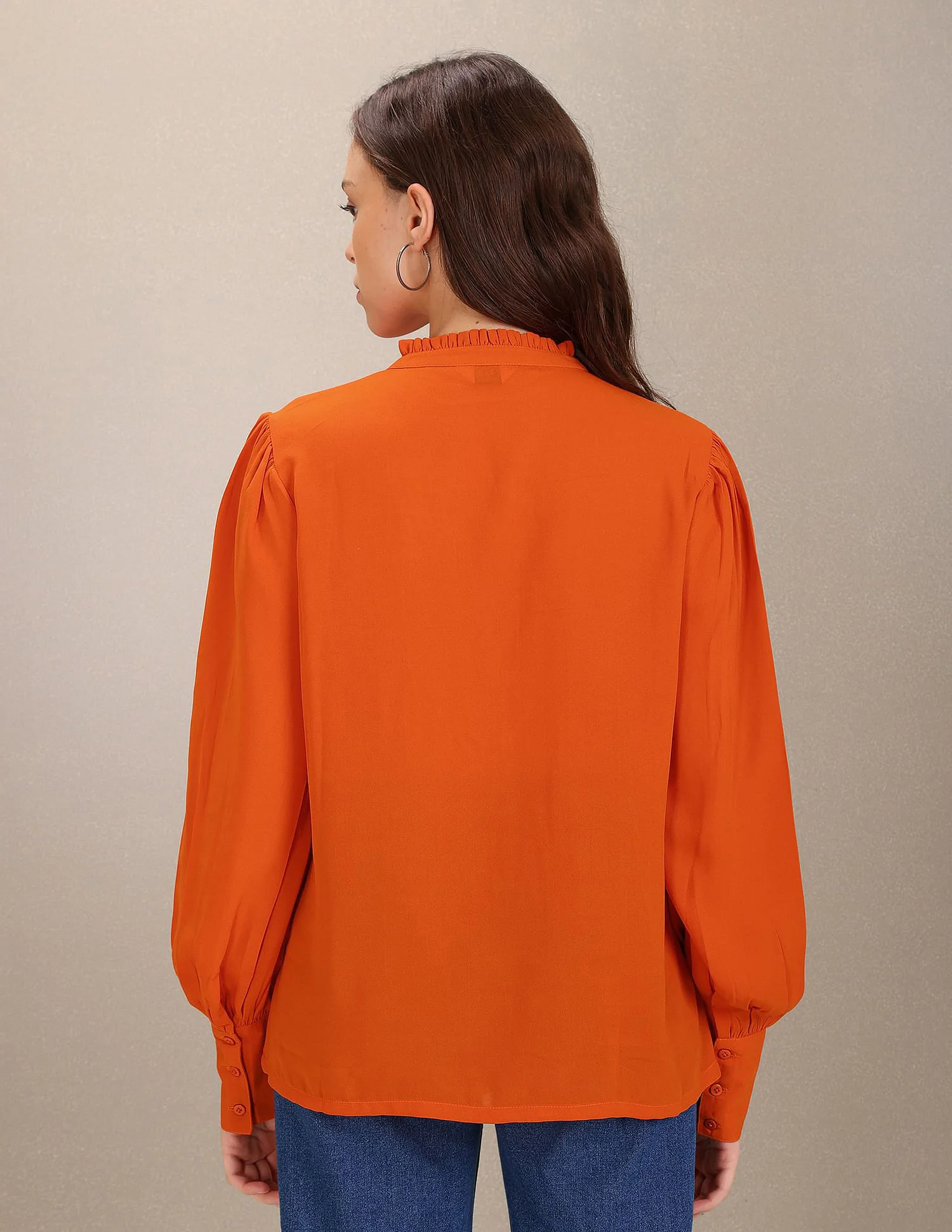 Stand Collar Pleated Solid Top - Image 5